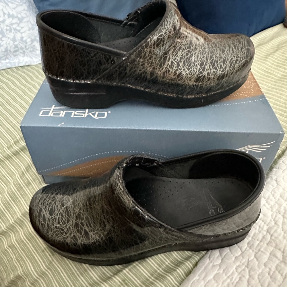 Dansko Black and Gray Textured Leather Clogs
